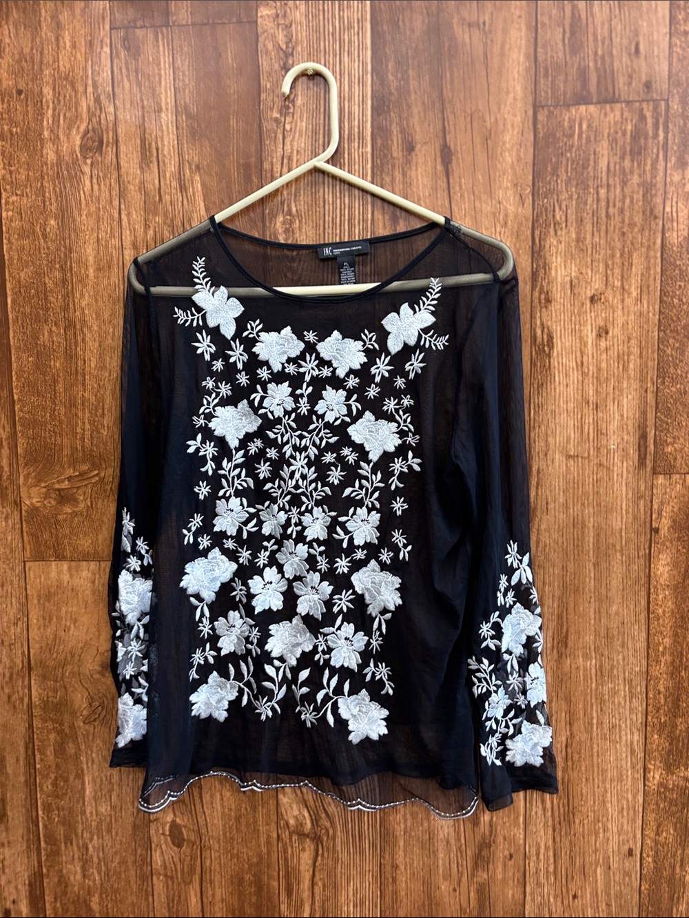 INC International Concepts Black Sheer Top with White Floral Embroidery